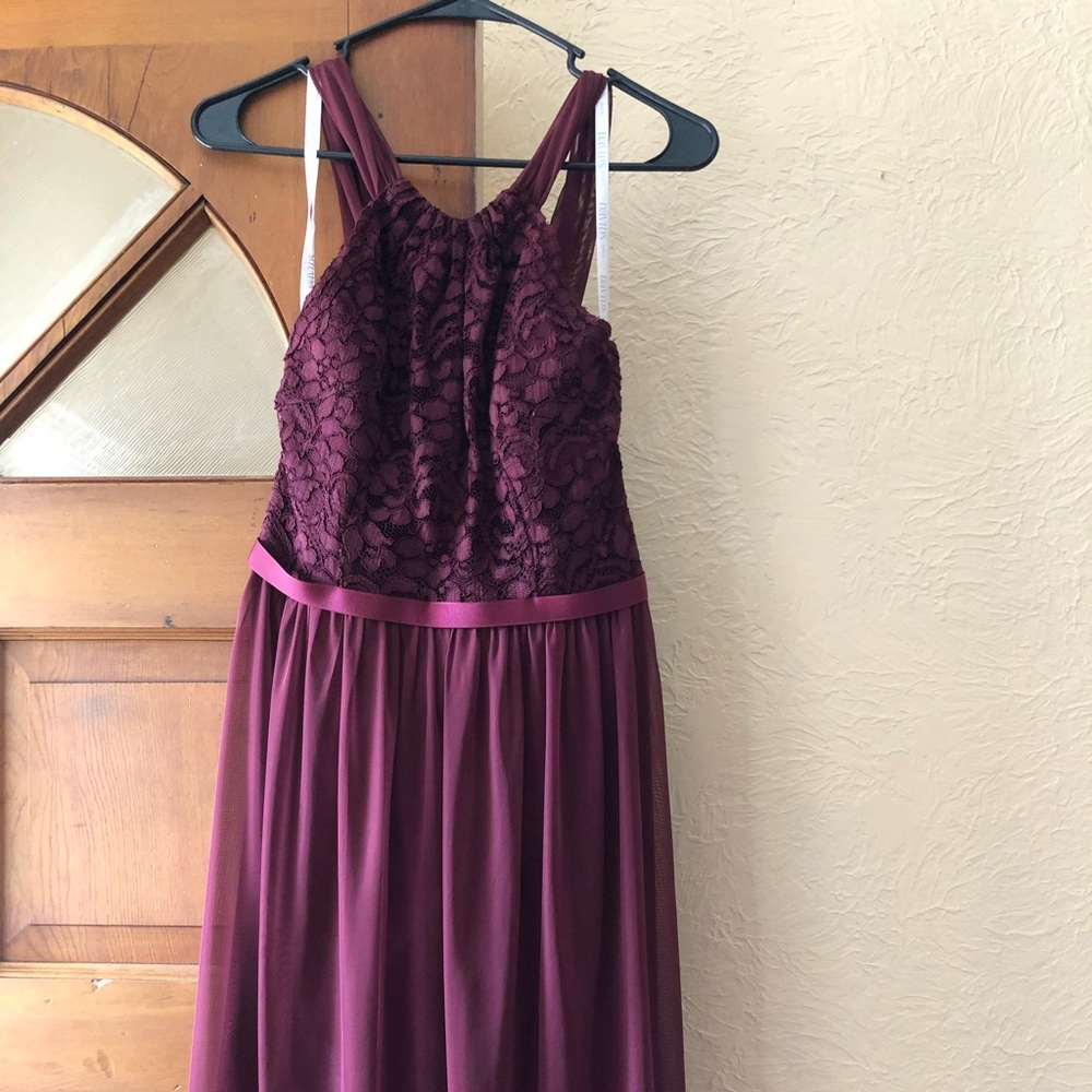 David’s Bridal maroon knee length halter dress
